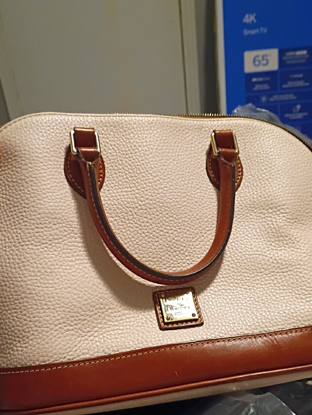 Dooney & Bourke Light Pink Pebbled Satchel with Brown Trim
